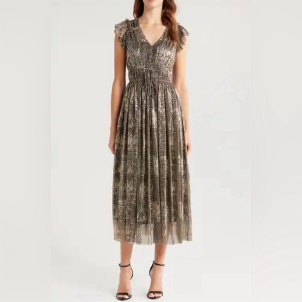 Moon River Elegant Gold Midi Dress